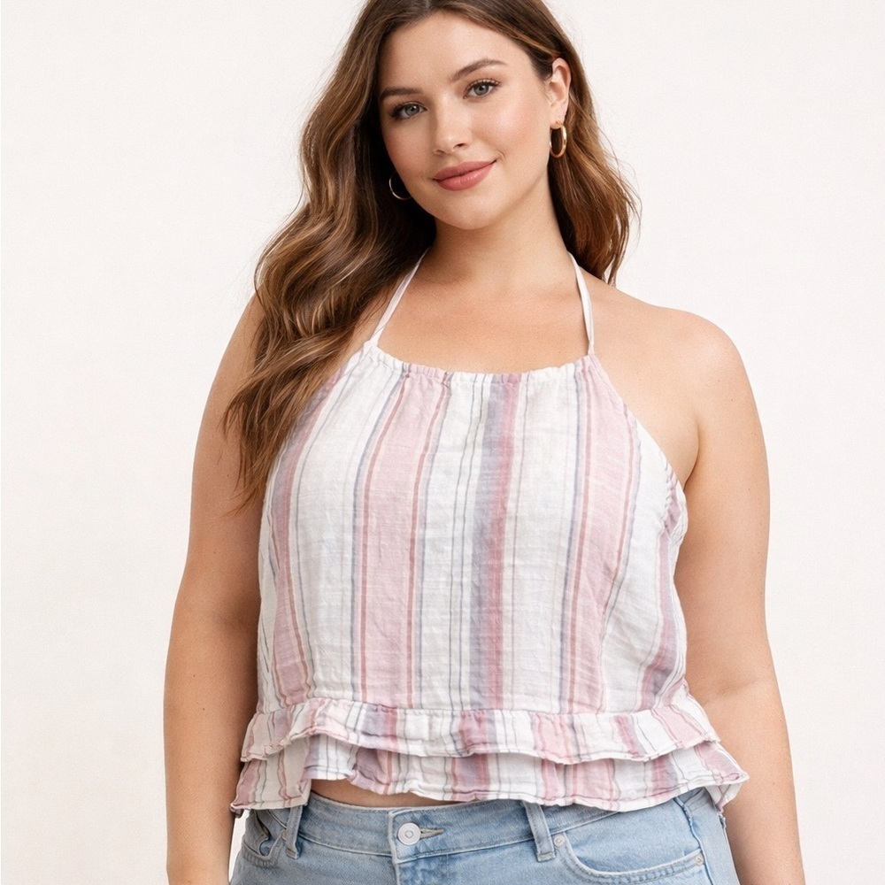 American Eagle Striped Halter Crop Top Womens S Ruffle Hem Cotton Boho Beach